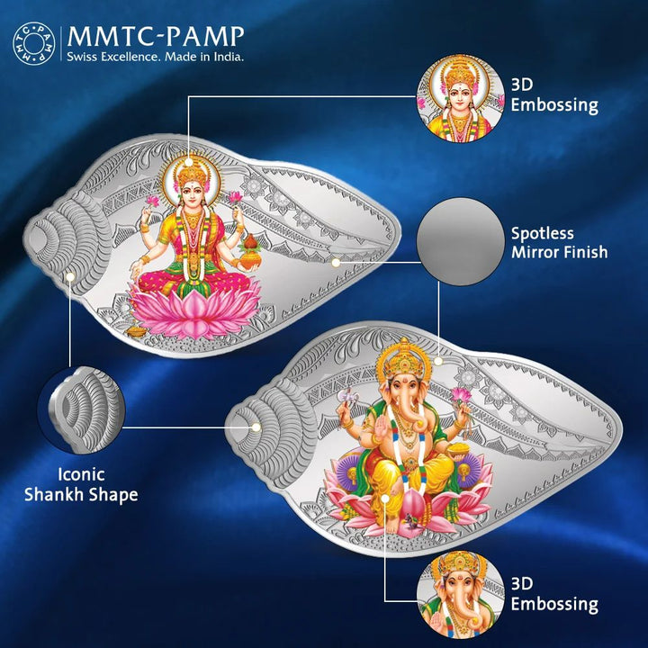 (999.9+) Purest 50 gm Shankh Shape Ganesh Laxmi Coin, Set of (25.0 gms x 2)