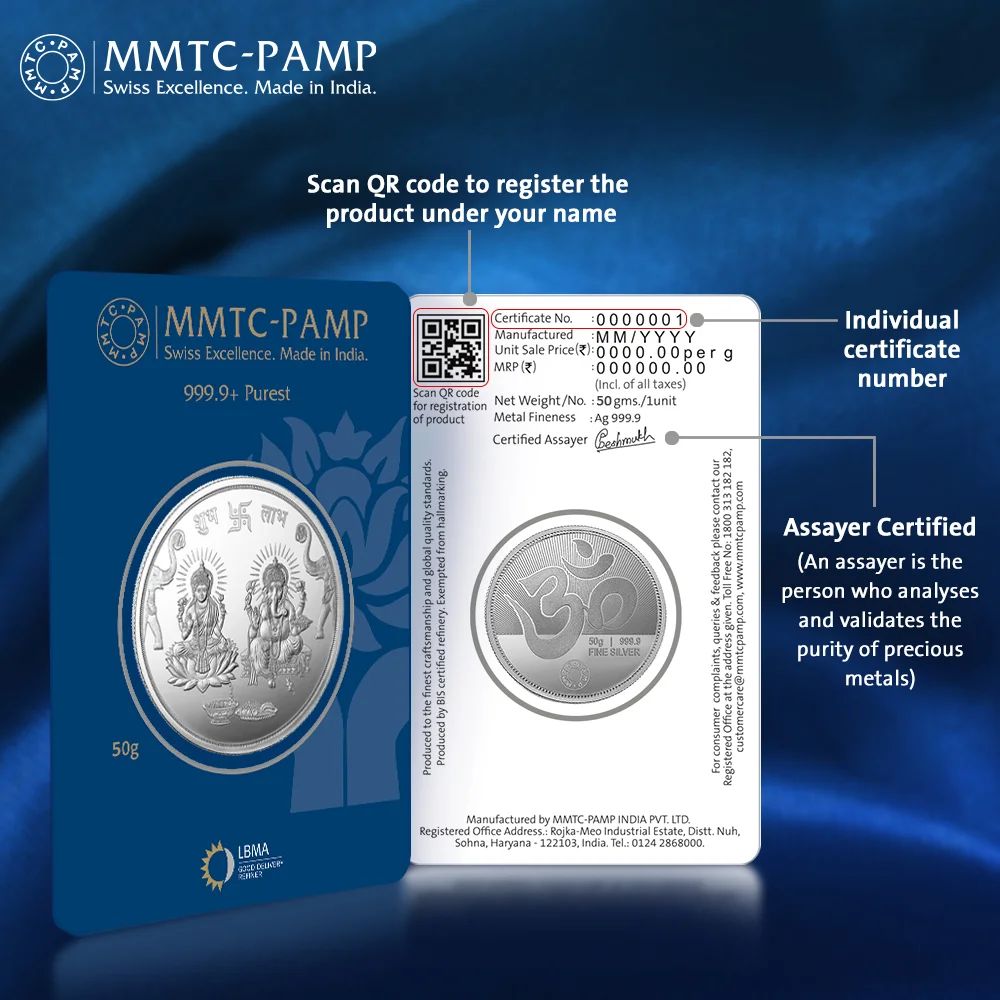 (999.9+) Purest 50 gm Ganesh Laxmi Silver Coin