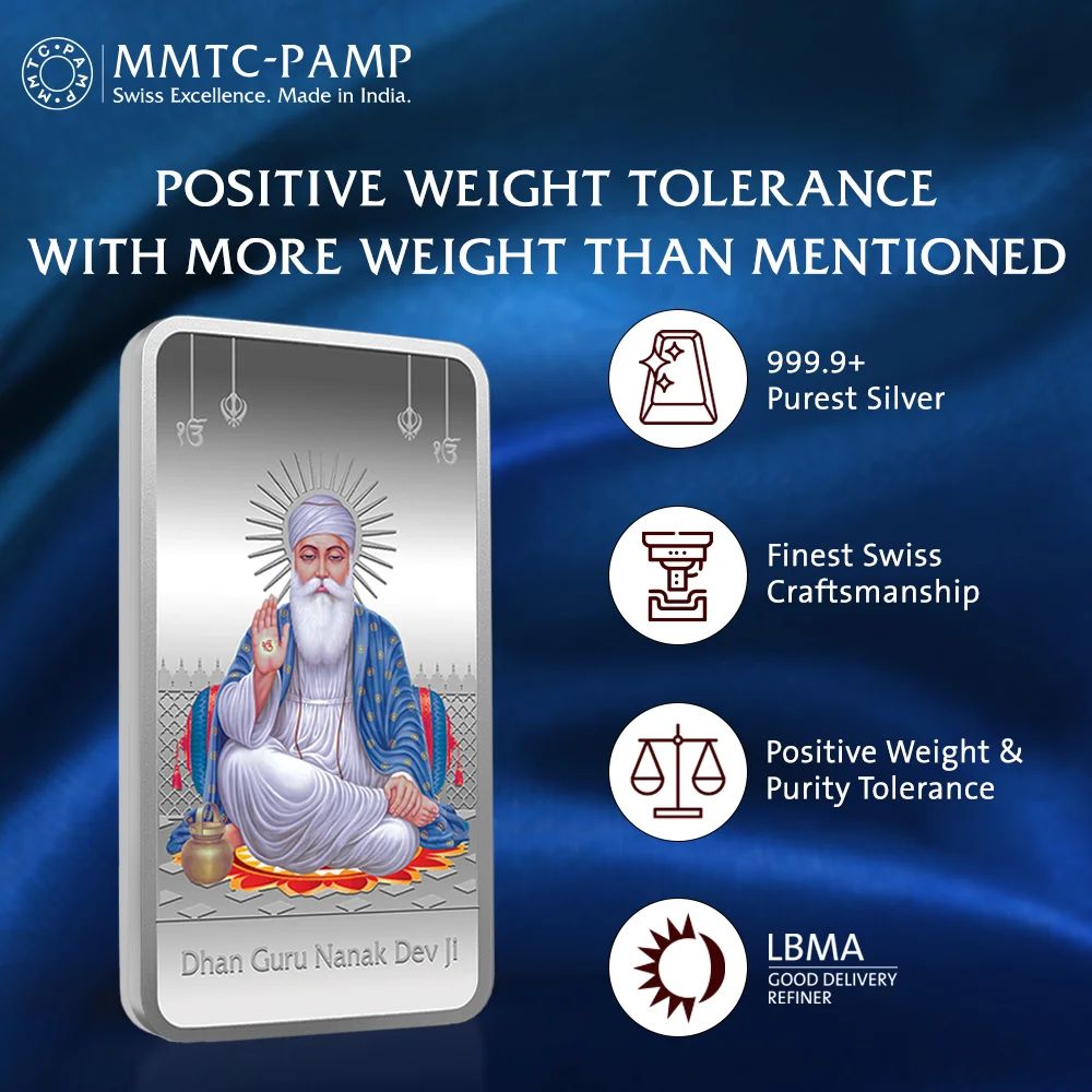 (999.9+) Purest 50 gm Guru Nanak Dev Colored Silver Bar