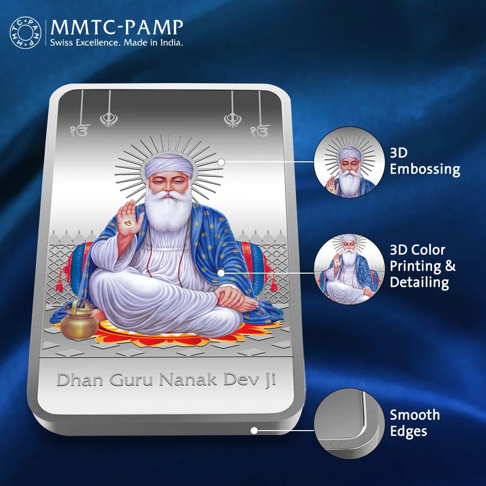 (999.9+) Purest 50 gm Guru Nanak Dev Colored Silver Bar