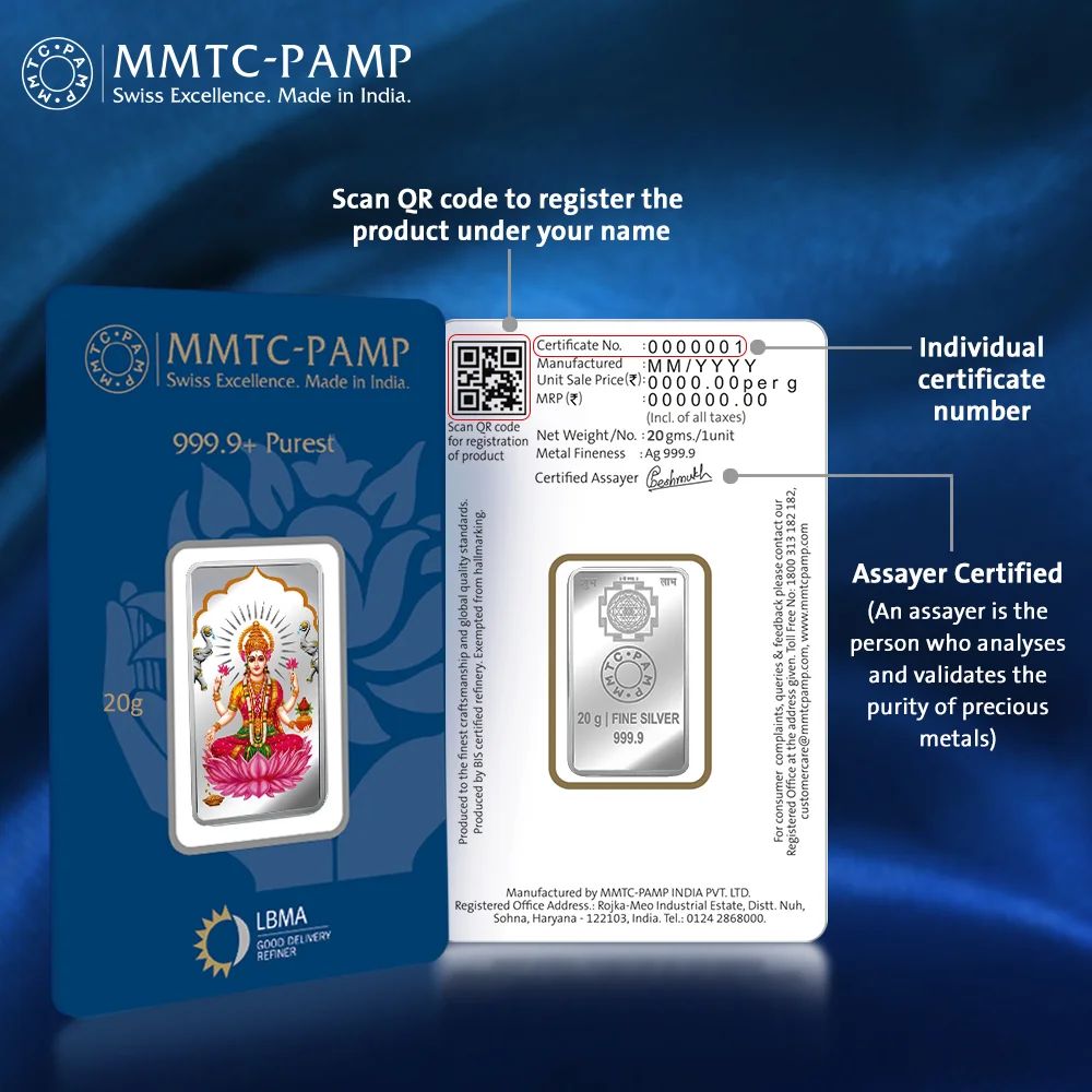 (999.9+) Purest 20 gm Laxmi Colored Silver Bar