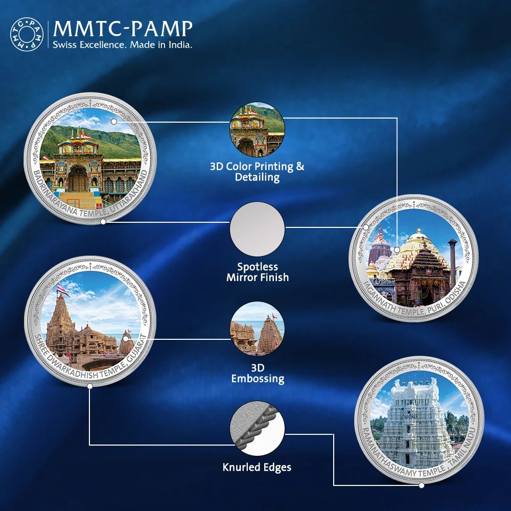 (999.9+) Purest 80 gm Char Dham Silver Coin, Set of (20.0 gms x 4)