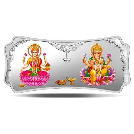 (999.9+) Purest 50 gm Stylized Laxmi Ganesh Colored Silver Bar
